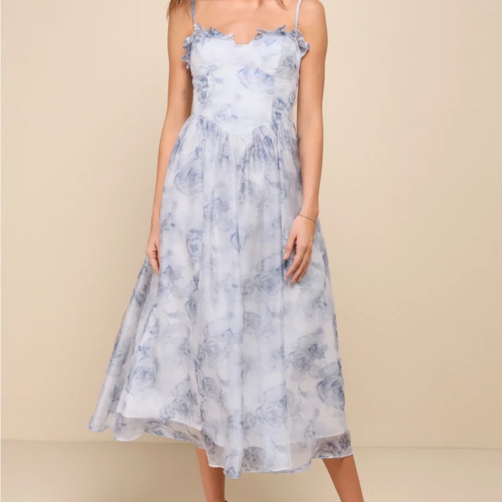 Lulu's Dreamy White and Blue Midi Dress